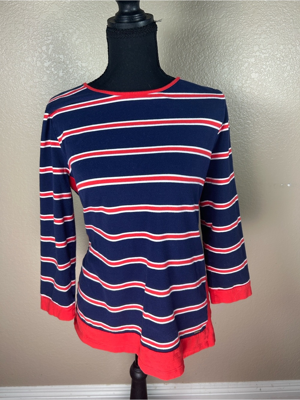 Tommy Hilfiger Navy Red White Striped 3/4 Sleeve Top Size M